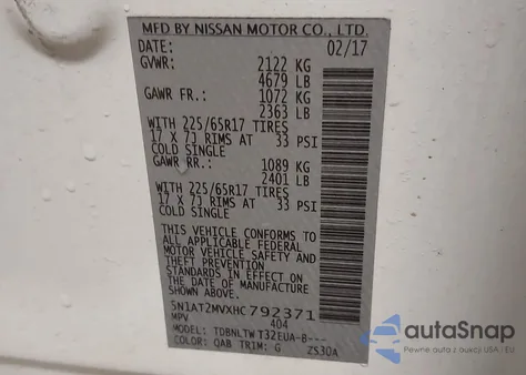 2017 Nissan Rogue Sv из США, поврежденный, VIN 5N1AT2MVXHC792371